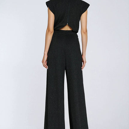 Elegant Black Sequined Knit Jumpsuit Boat Neck Regular Fit Shoulder Pads - Très Elite