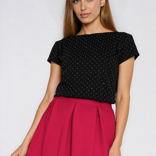 Elegant Fitted Blouse With Silver Rhinestones And Boat Neckline - Très Elite