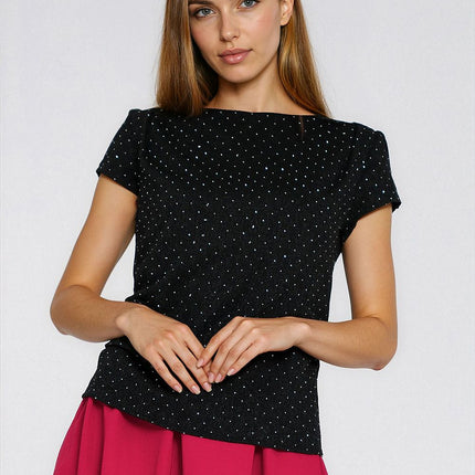Elegant Fitted Blouse With Silver Rhinestones And Boat Neckline - Très Elite