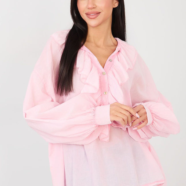 Boho Cotton Blouse With Delicate Ruffle And Round Neckline - Très Elite