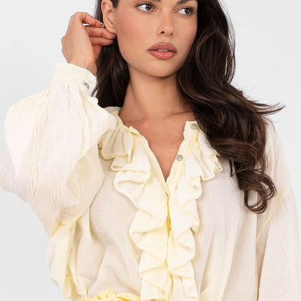 Boho Cotton Blouse With Delicate Ruffle And Round Neckline - Très Elite