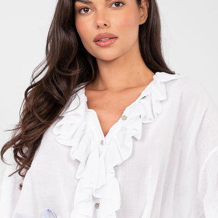 Boho Cotton Blouse With Delicate Ruffle And Round Neckline - Très Elite