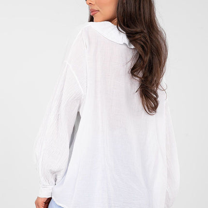Boho Cotton Blouse With Delicate Ruffle And Round Neckline - Très Elite