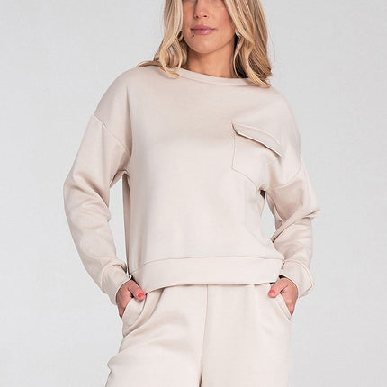 Womens Sweatshirt With Pocket Flap And Soft Fabric Round Neck Elastic Cuffs - Très Elite
