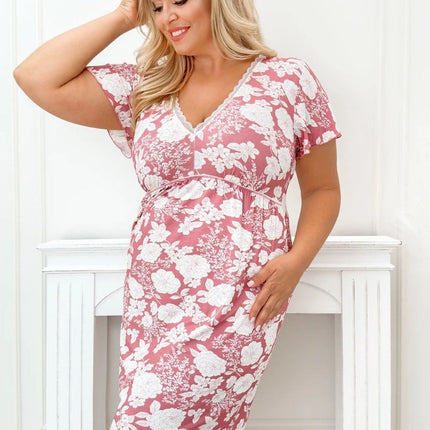 Womens Nightshirt With Lace V Neck Delicate Print And Elastic Under Bust - Très Elite