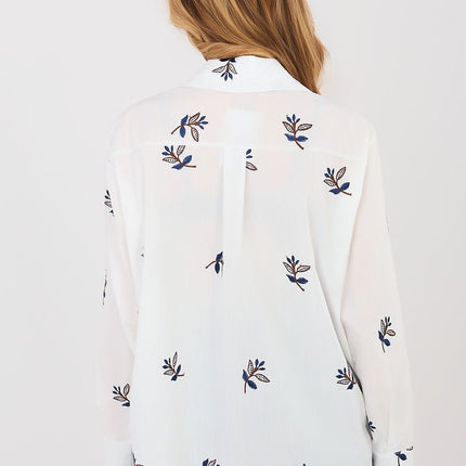 Womens Buttoned Up Cotton Long Sleeve Shirt With Subtle Embroidery - Très Elite