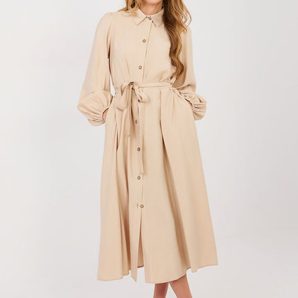 Midi Shirt Dress With Pockets Belted Waist Cotton Elastane Viscose Blend - Très Elite