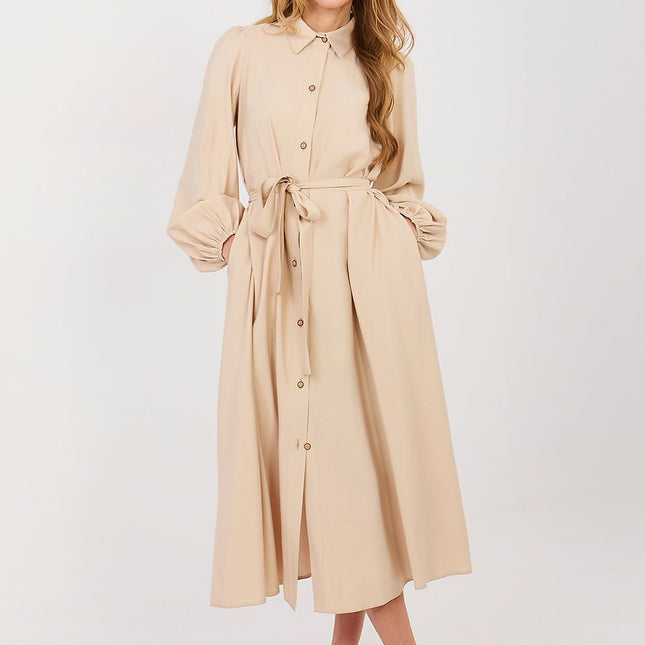 Midi Shirt Dress With Pockets Belted Waist Cotton Elastane Viscose Blend - Très Elite