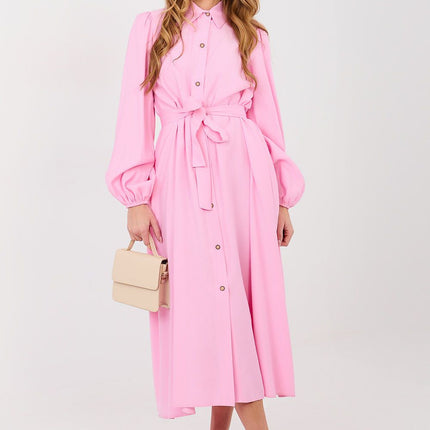 Midi Shirt Dress With Pockets Belted Waist Cotton Elastane Viscose Blend - Très Elite