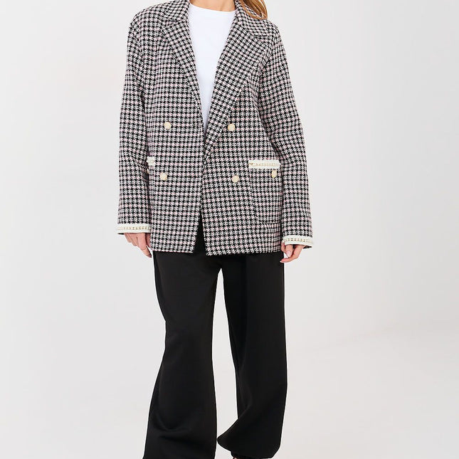 Tweed Cotton Jacket With Pearl Accent All Season Double Breasted Classic Cut - Très Elite