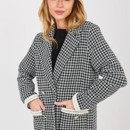 Tweed Cotton Jacket With Pearl Accent All Season Double Breasted Classic Cut - Très Elite
