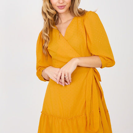 Envelope Cocktail Dress With Cotton Elastane Knee Length Puff Sleeves Wrap Tie - Très Elite