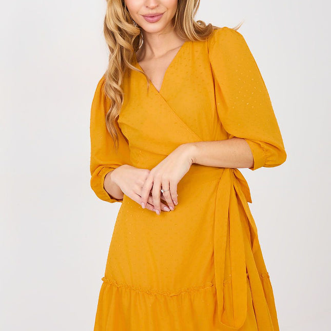 Envelope Cocktail Dress With Cotton Elastane Knee Length Puff Sleeves Wrap Tie - Très Elite