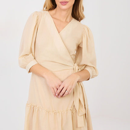 Envelope Cocktail Dress With Cotton Elastane Knee Length Puff Sleeves Wrap Tie - Très Elite