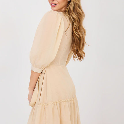 Envelope Cocktail Dress With Cotton Elastane Knee Length Puff Sleeves Wrap Tie - Très Elite