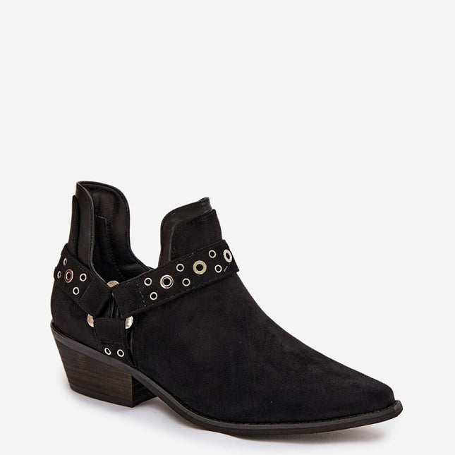 Eco Suede Women's Ankle Boots Slip On With Low Heel And Decorative Straps - Très Elite