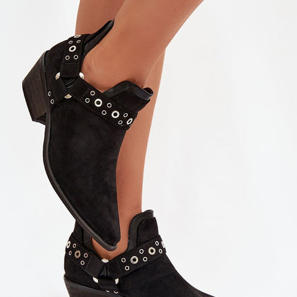 Eco Suede Women's Ankle Boots Slip On With Low Heel And Decorative Straps - Très Elite