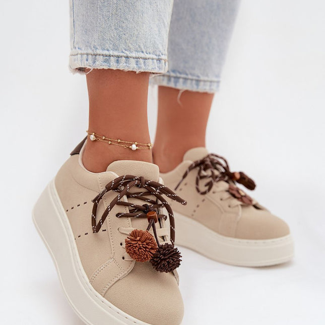 Womens Eco Suede Platform Sneakers With Pom Pom Lacing - Très Elite
