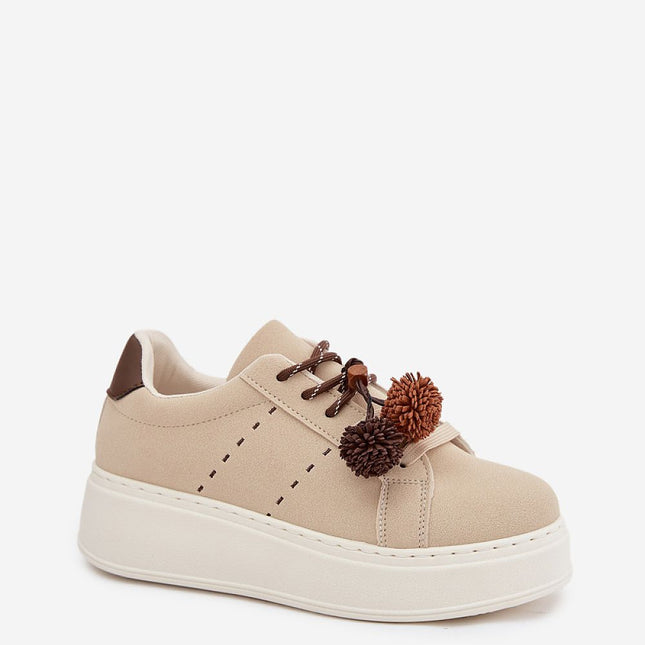 Womens Eco Suede Platform Sneakers With Pom Pom Lacing - Très Elite