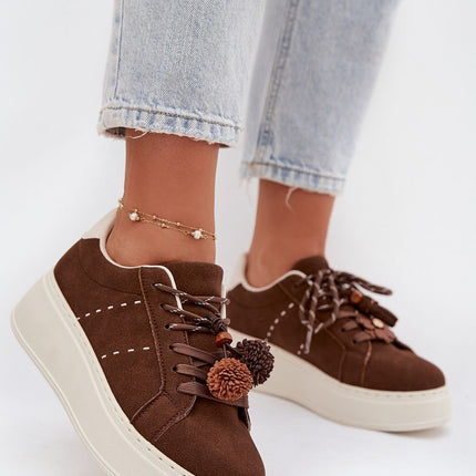 Womens Eco Suede Platform Sneakers With Pom Pom Lacing - Très Elite