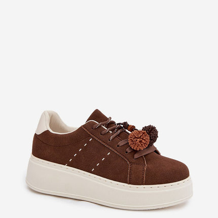 Womens Eco Suede Platform Sneakers With Pom Pom Lacing - Très Elite