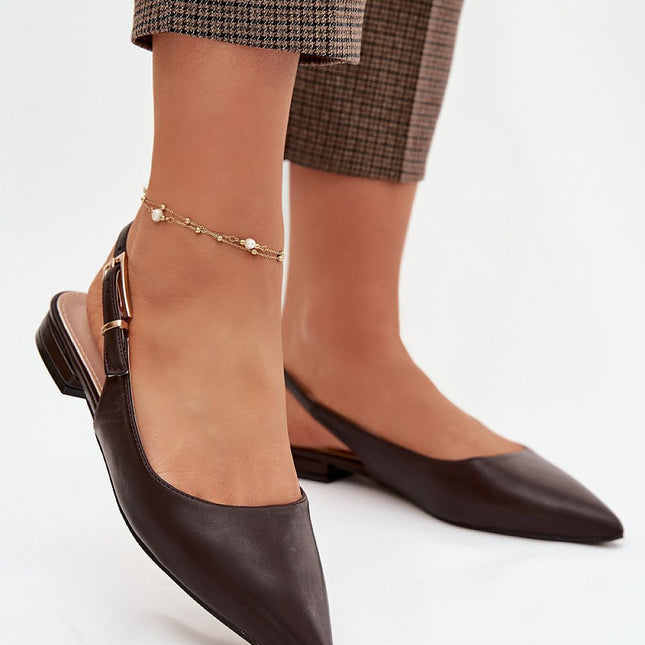 Eco Leather Women's Ballet Flats With Pointed Toe And Gold Buckle Strap - Très Elite