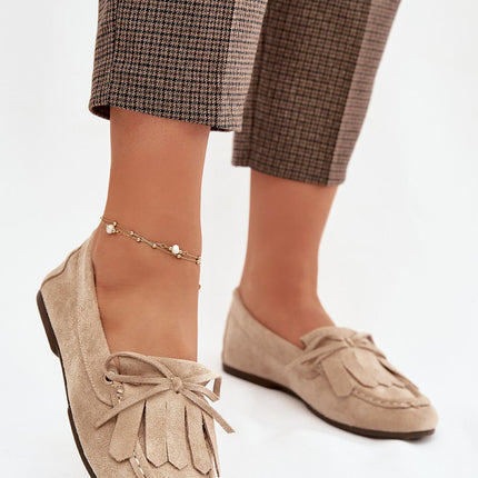 Womens Moccasins Eco Suede With Fringes And Bow Tie Eco Leather Insole - Très Elite