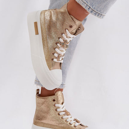 Women's Platform Sneakers With Gold Accent, Lace Up And Pin Embellishments - Très Elite