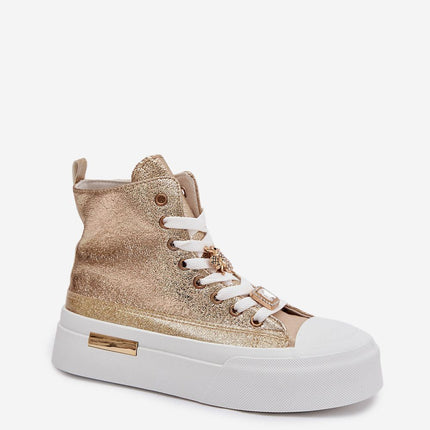 Women's Platform Sneakers With Gold Accent, Lace Up And Pin Embellishments - Très Elite