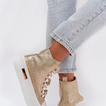 Women's Platform Sneakers With Gold Accent, Lace Up And Pin Embellishments - Très Elite