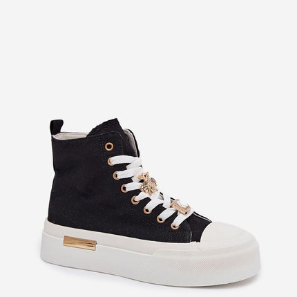 Women's Platform Sneakers With Gold Accent, Lace Up And Pin Embellishments - Très Elite