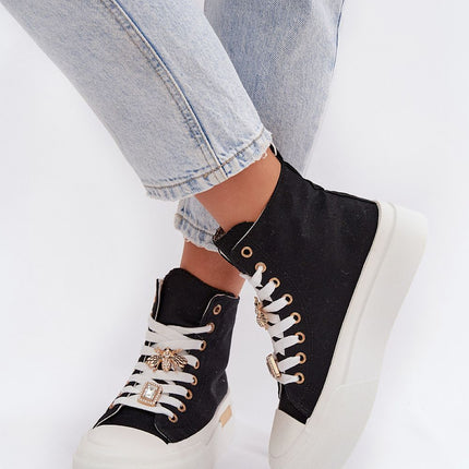 Women's Platform Sneakers With Gold Accent, Lace Up And Pin Embellishments - Très Elite