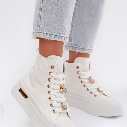 Women's Platform Sneakers With Gold Accent, Lace Up And Pin Embellishments - Très Elite