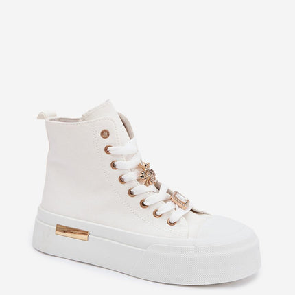 Women's Platform Sneakers With Gold Accent, Lace Up And Pin Embellishments - Très Elite