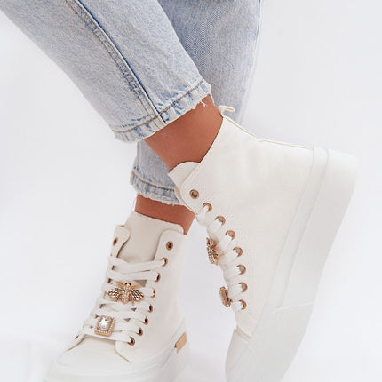 Women's Platform Sneakers With Gold Accent, Lace Up And Pin Embellishments - Très Elite