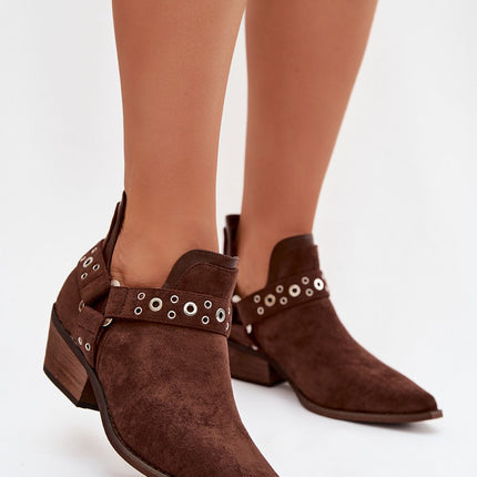Eco Suede Women's Ankle Boots Slip On With Low Heel And Decorative Straps - Très Elite