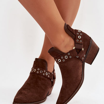 Eco Suede Women's Ankle Boots Slip On With Low Heel And Decorative Straps - Très Elite