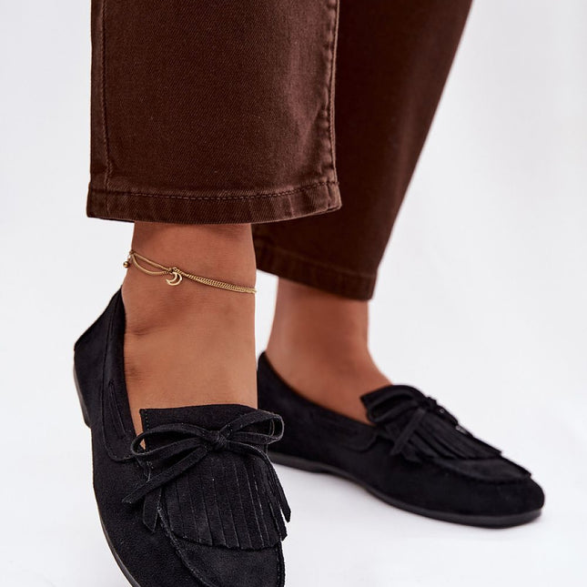 Eco Suede Flat Moccasins For Women With Fringes And Bow Tie - Très Elite