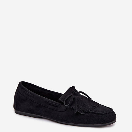 Eco Suede Flat Moccasins For Women With Fringes And Bow Tie - Très Elite