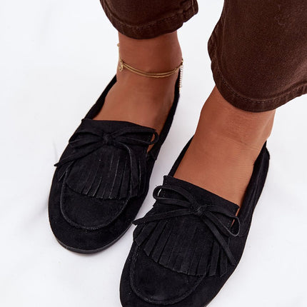 Eco Suede Flat Moccasins For Women With Fringes And Bow Tie - Très Elite