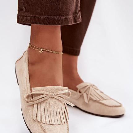 Eco Suede Flat Moccasins For Women With Fringes And Bow Tie - Très Elite