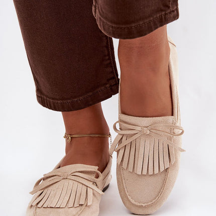 Eco Suede Flat Moccasins For Women With Fringes And Bow Tie - Très Elite