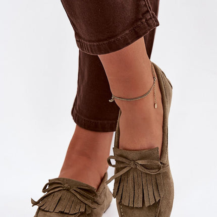 Eco Suede Flat Moccasins For Women With Fringes And Bow Tie - Très Elite