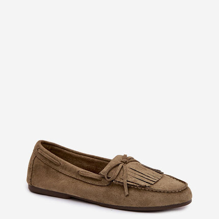 Eco Suede Flat Moccasins For Women With Fringes And Bow Tie - Très Elite