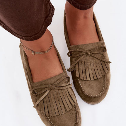 Eco Suede Flat Moccasins For Women With Fringes And Bow Tie - Très Elite