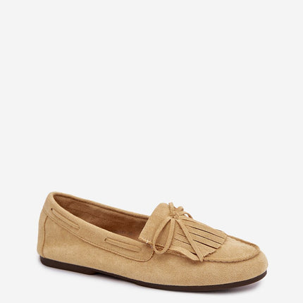 Eco Suede Flat Moccasins For Women With Fringes And Bow Tie - Très Elite