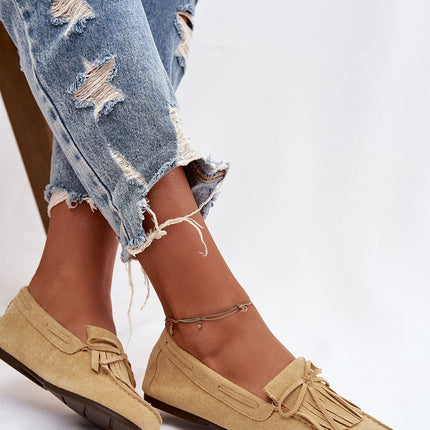 Eco Suede Flat Moccasins For Women With Fringes And Bow Tie - Très Elite
