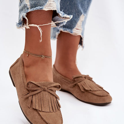 Eco Suede Flat Moccasins For Women With Fringes And Bow Tie - Très Elite