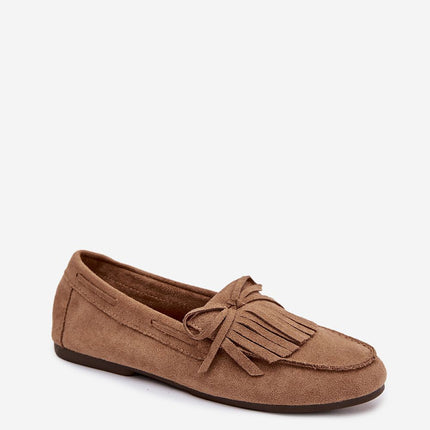 Eco Suede Flat Moccasins For Women With Fringes And Bow Tie - Très Elite