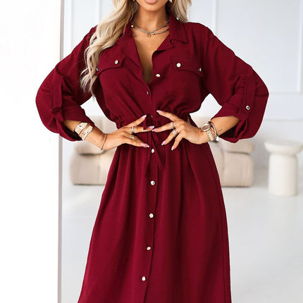 Burgundy Midi Shirt Dress For Confidence And Elegant Workwear - Très Elite